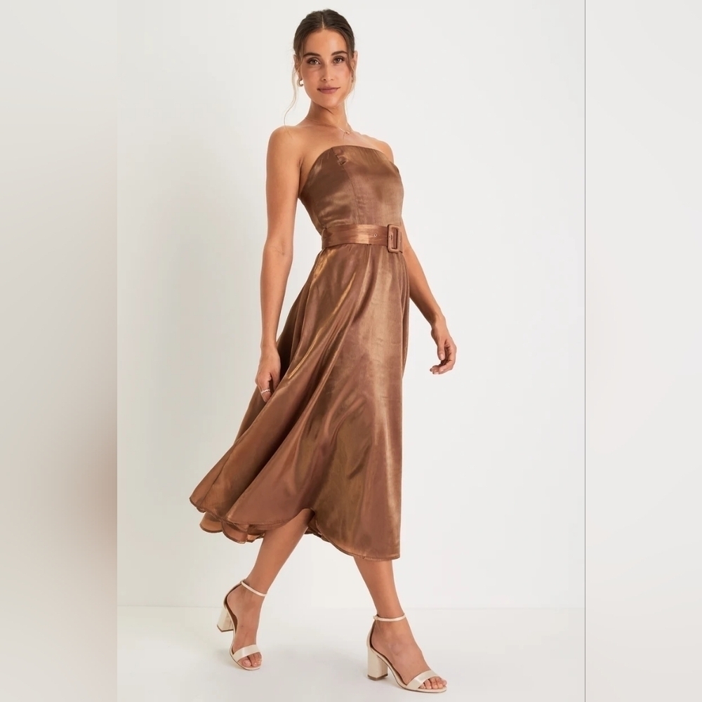 Lulus Chicly Stunning Shiny Brown Strapless Belted Midi Dress XL Wedding Party - Picture 3 of 9